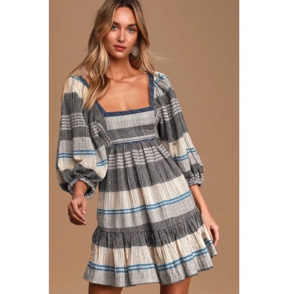 Free People Dresses & Skirts - Free People All Lined Up Mini Dress XS Boho Cottagecore Prairie Puff Sleeve